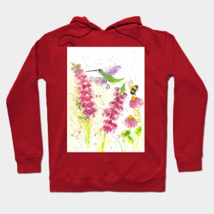 Colourful Hummingbird and a Bumblebee among Pink Flowers Hoodie